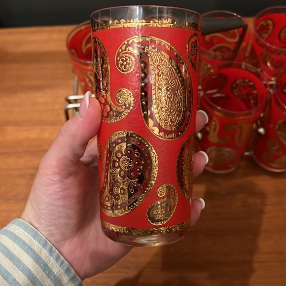Vintage Culver Red & Gold Paisley Pattern Highball Tumbler Glasses w/Carrier - Picture 4 of 5